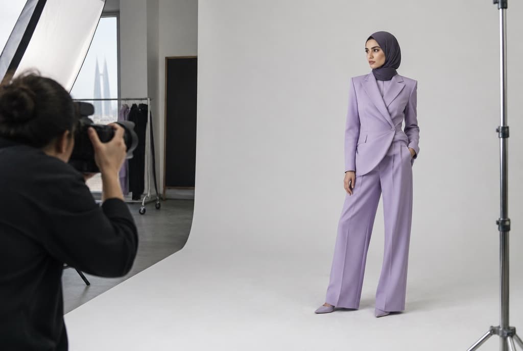 Illustrative behind-the-scenes fashion campaign with a model and photographer
