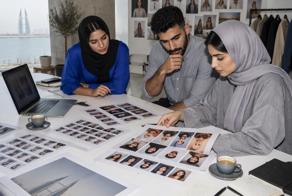 Illustrative creative team reviewing casting photographs at a worktable