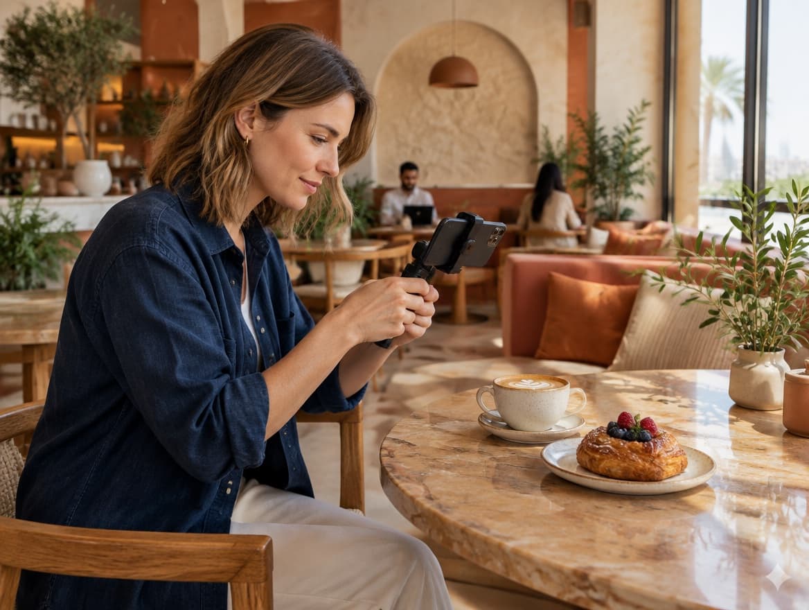 Illustrative scene of a Western expat creator filming food and coffee inside a café