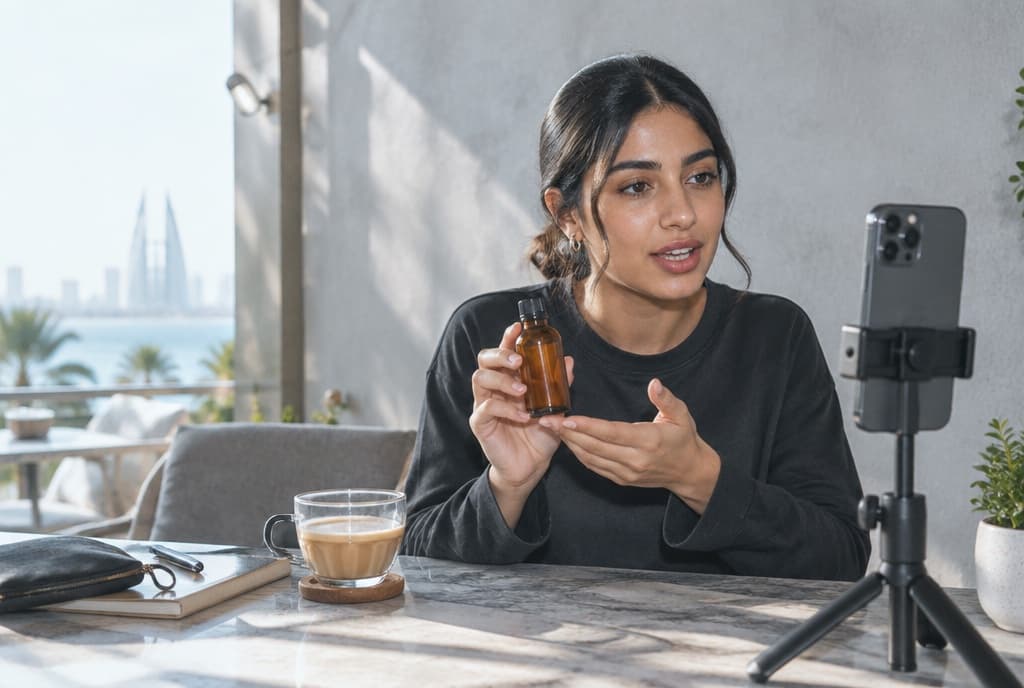 Illustrative scene of a content creator recording a product demonstration on her phone