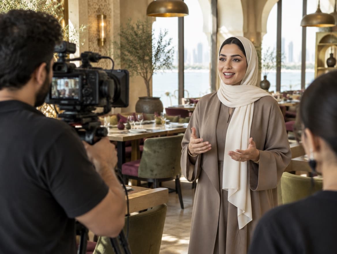 Illustrative scene of an influencer presenting in a restaurant while a camera operator films her