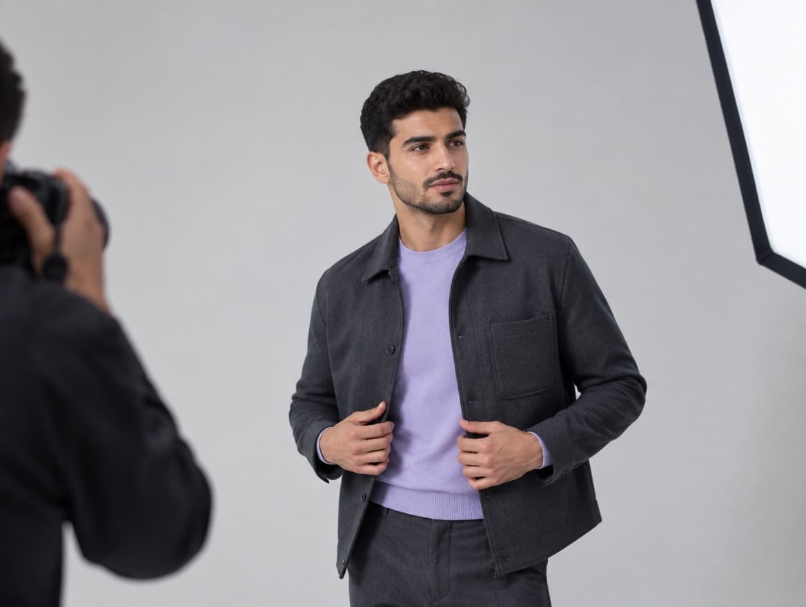 Illustrative scene of a model posing for a studio fashion shoot